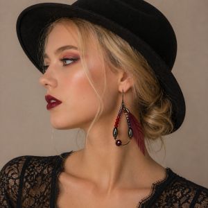 Boucles d’oreilles IKITA plumes bordeaux - bijou Ikita unique