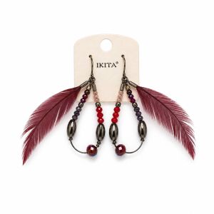 Boucles d’oreilles IKITA plumes bordeaux - bijou Ikita unique
