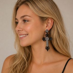 Boucles croix strass noir intense - bijou Ikita unique