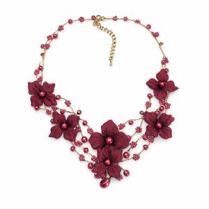Collier ras de cou fleurs bordeaux - bijou unique