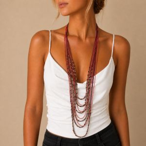 Collier long multi-rangs bohème rouge IKITA - bijou Ikita unique