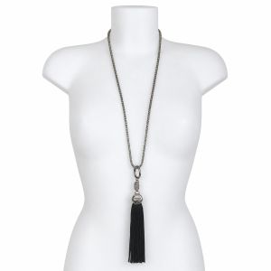 Collier long argenté pompon noir - bijou Ikita unique