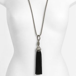 Collier long argenté pompon noir - bijou Ikita unique