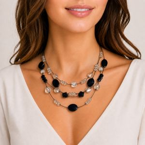 Collier multi-rangs noir & perles translucides - bijou Ikita unique