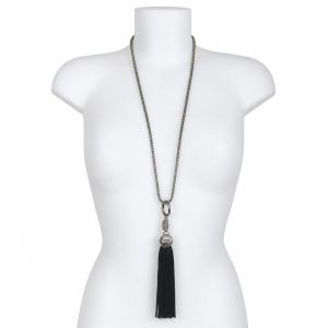 Collier long argenté pompon noir - bijou unique