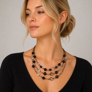 Collier multi-rangs noir & cristal Ikita - bijou unique