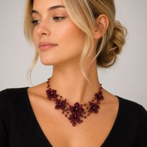 Collier ras de cou fleurs bordeaux - bijou unique