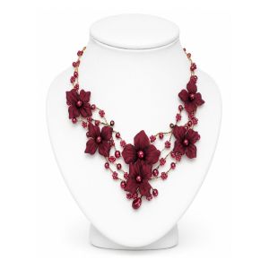 Collier ras de cou fleurs bordeaux - bijou unique
