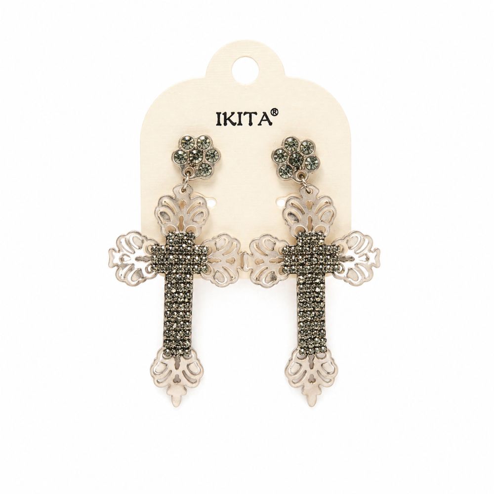 Boucles d’oreilles croix IKITA strass & filigrane - bijou unique