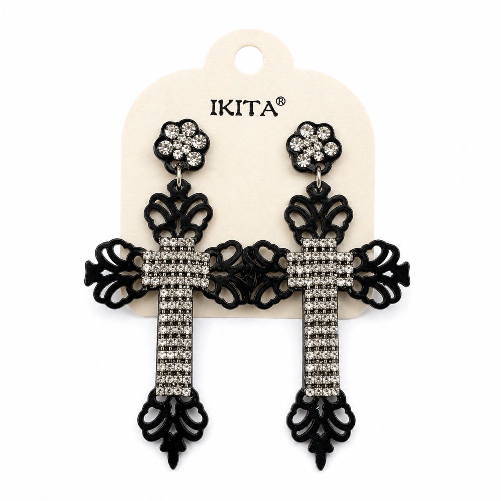 Boucles croix strass noir intense - bijou unique