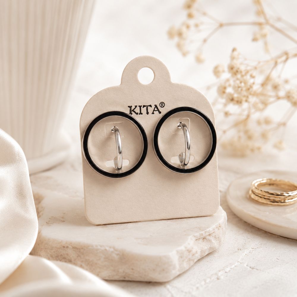 Boucles IKITA Double Cercle Noir & Argent Brillant - bijou unique
