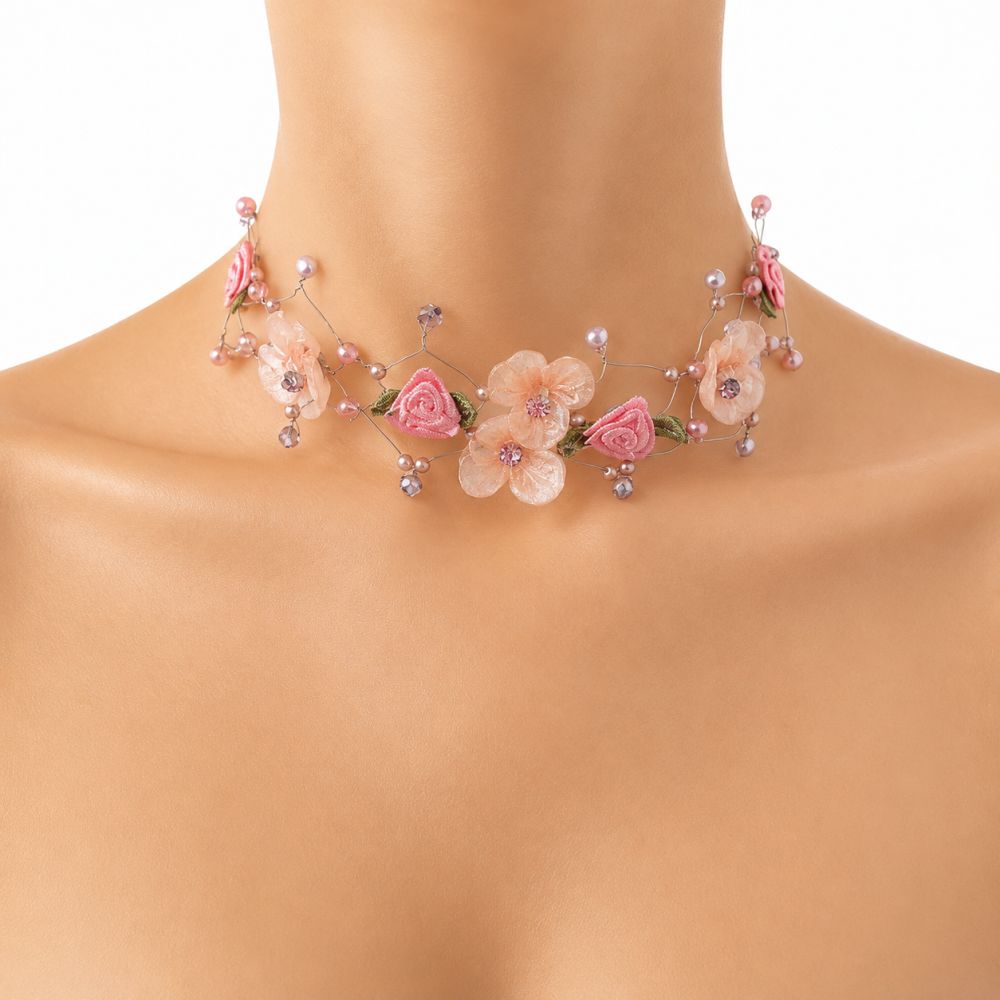 Collier Ras de Cou Fleurs Rosées - bijou unique