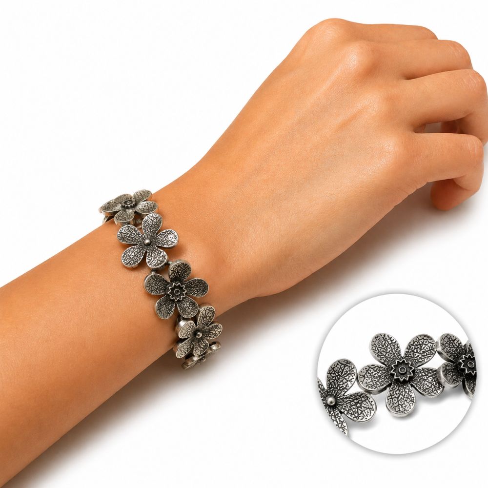 Bracelet Fleurs Argent Vieilli IKITA - bijou unique