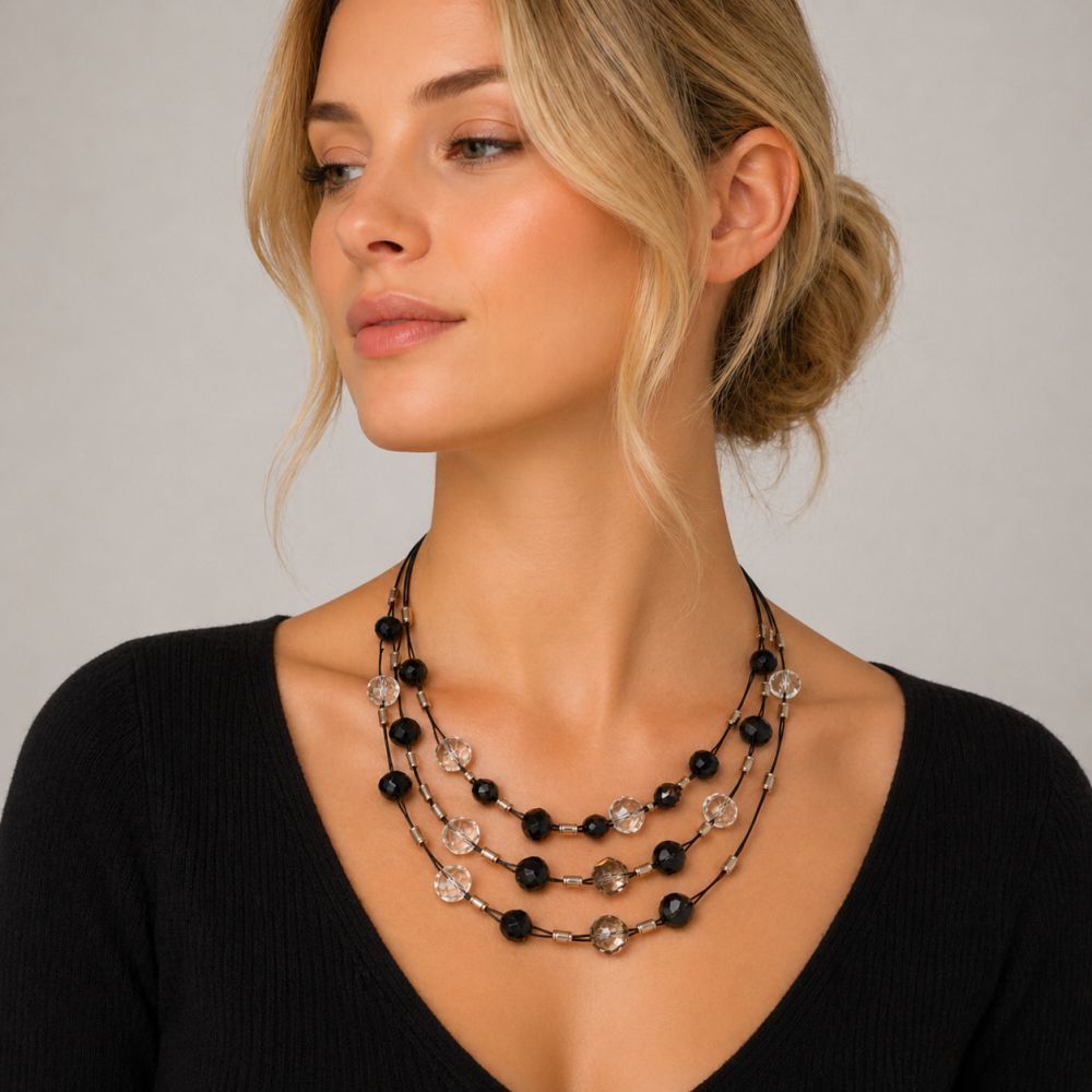 Collier multi-rangs noir & cristal Ikita - bijou unique
